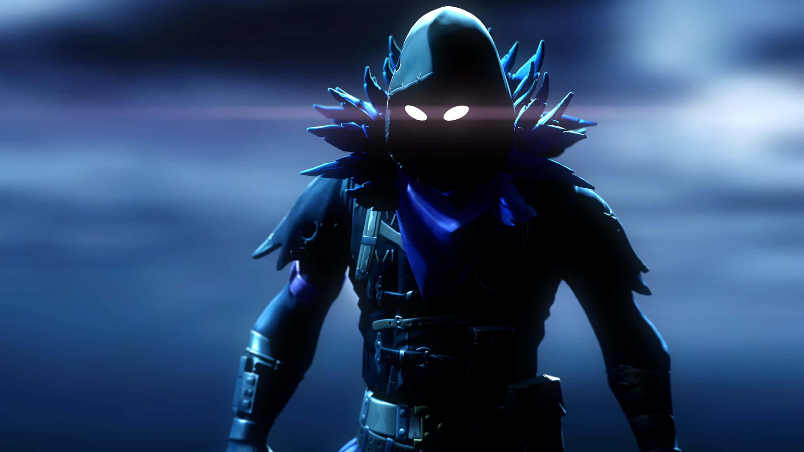以烏鴉統治天空，這套《Fortnite》傳奇裝扮不容錯過 壁紙 — 一個戴著兜帽的威脅人物，擁有發光的白色眼睛和藍色尖刺盔甲，站在黑暗迷霧的環境中。
