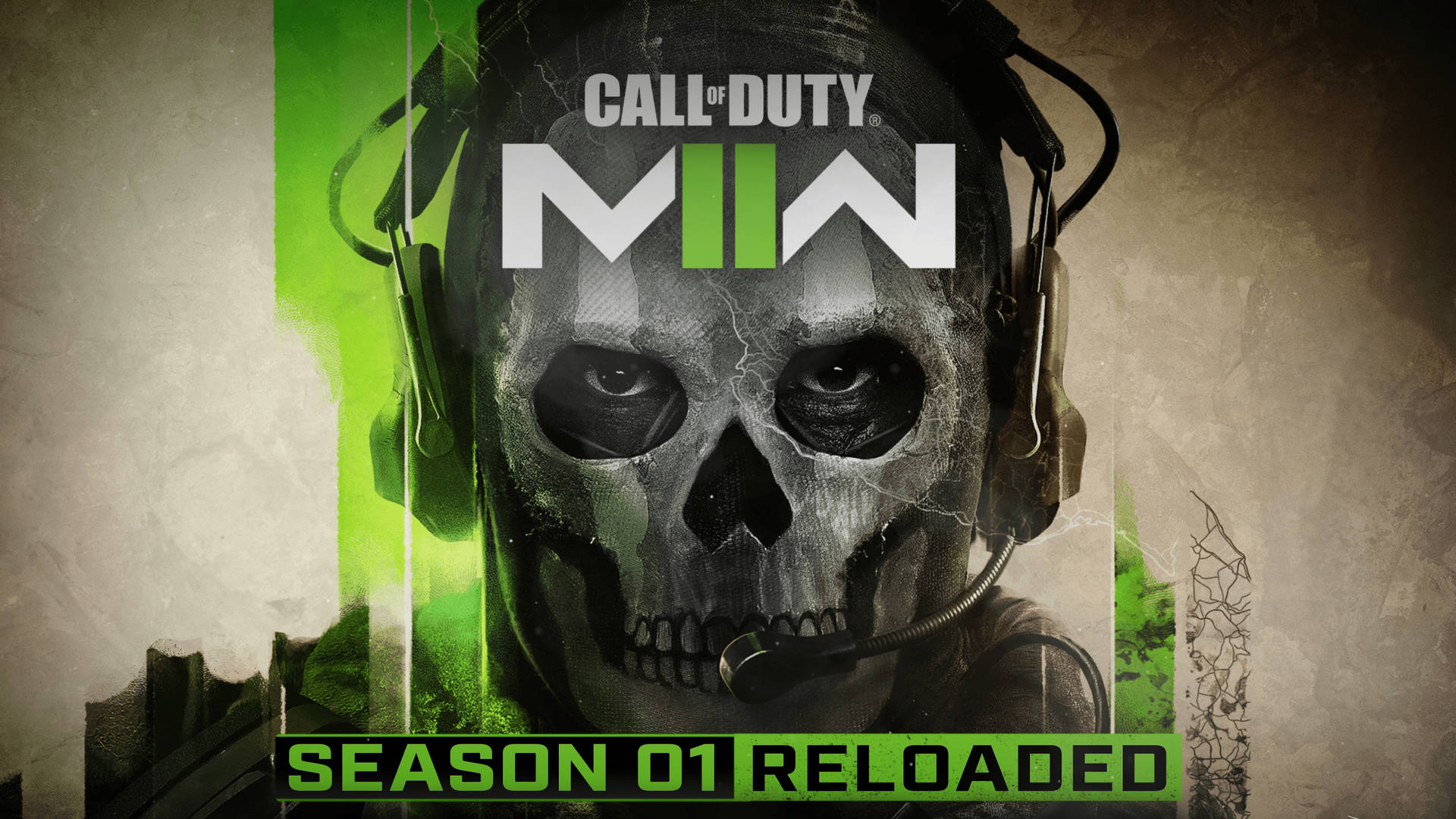 戴著遊戲耳機的頭骨，帶有綠色燈光和Call of Duty MW Season 01 Reloaded文字。