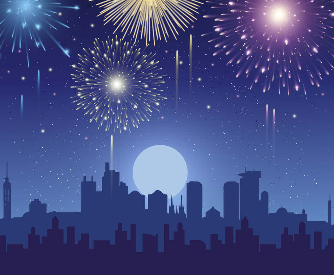 以煙火慶祝生命中的美好時刻 壁紙 — 在滿月和繁星點點的夜空下，色彩繽紛的煙花在城市天際線上綻放。