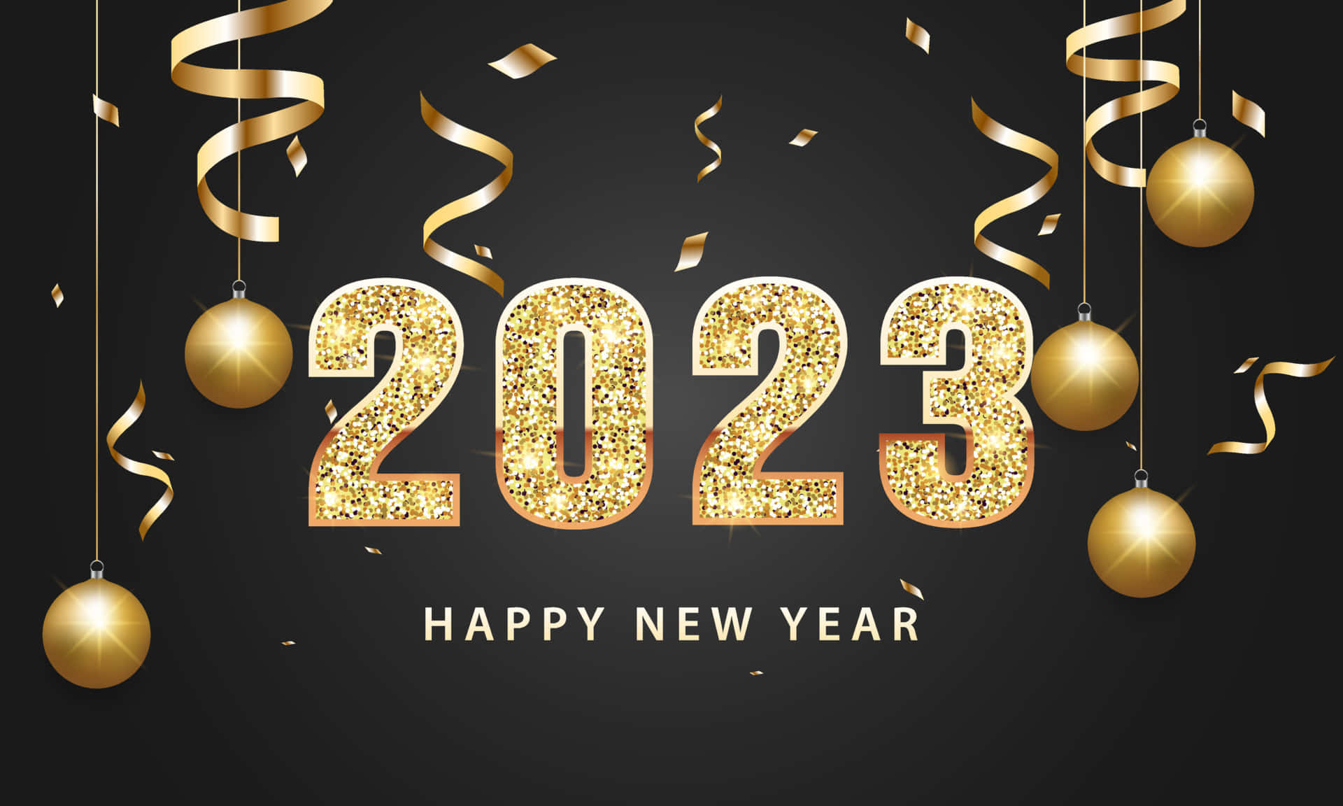 金色2023新年慶祝，帶有懸掛裝飾和五彩紙屑。 — 新年動畫 壁紙