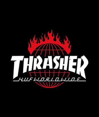 黑色背景上帶有紅色火焰地球的Thrasher雜誌標誌。