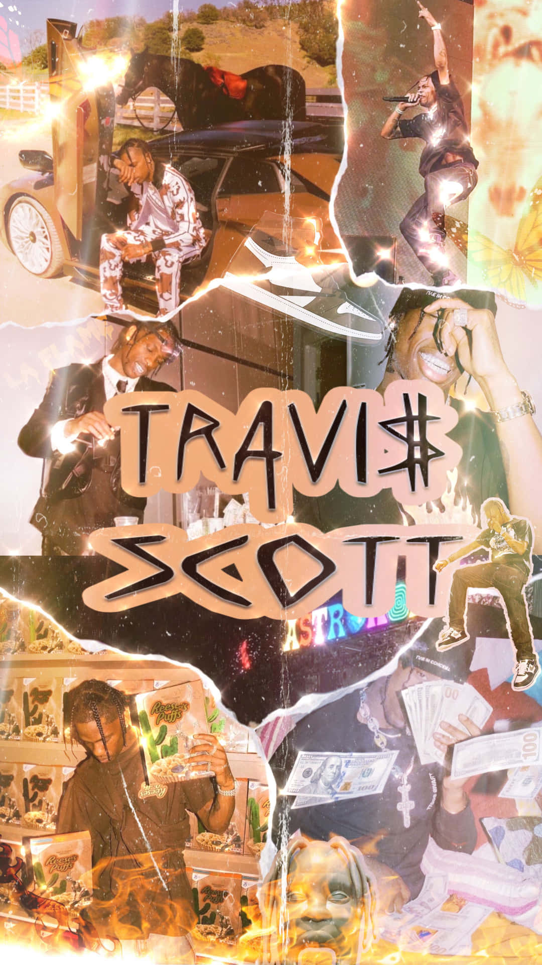 Travis Scott 拼貼畫，以豪華汽車、金錢和沙漠場景搭配發光效果為特色。