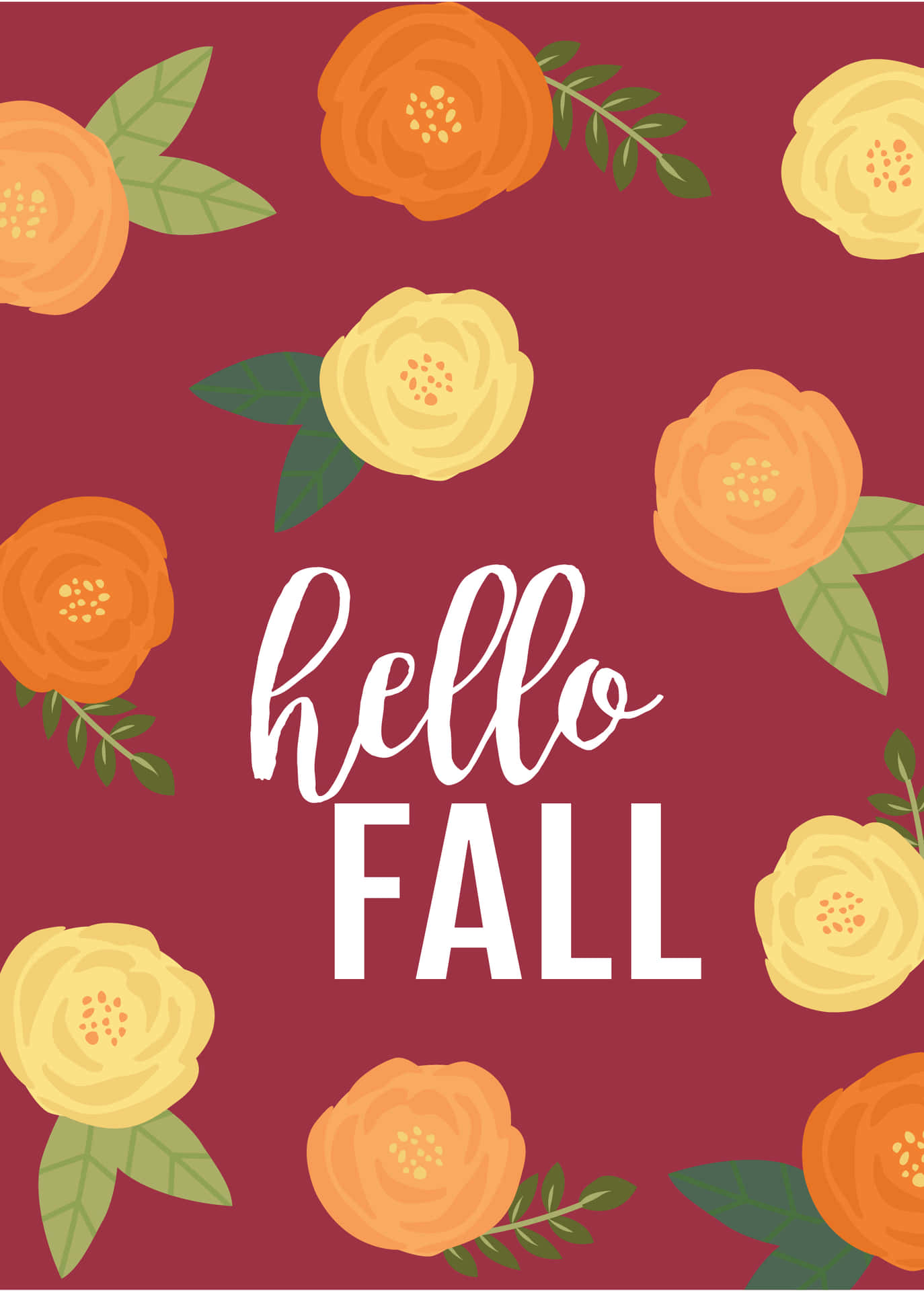 Hello Fall 問候語，橙色和黃色花朵在栗色背景上。