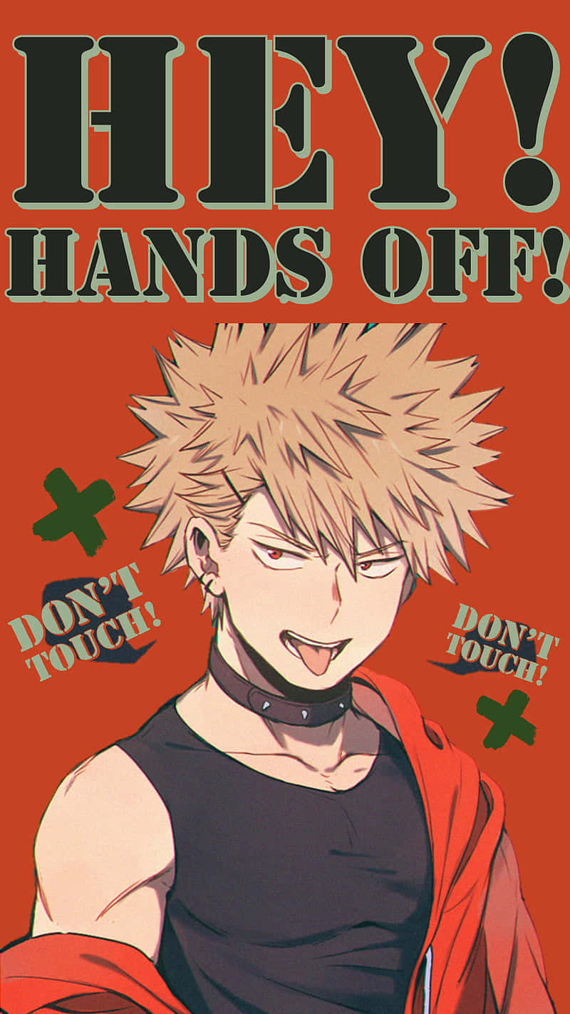 動漫男孩，金色尖刺頭髮和紅色眼睛，伸出舌頭，帶有「HEY! HANDS OFF!」文字。