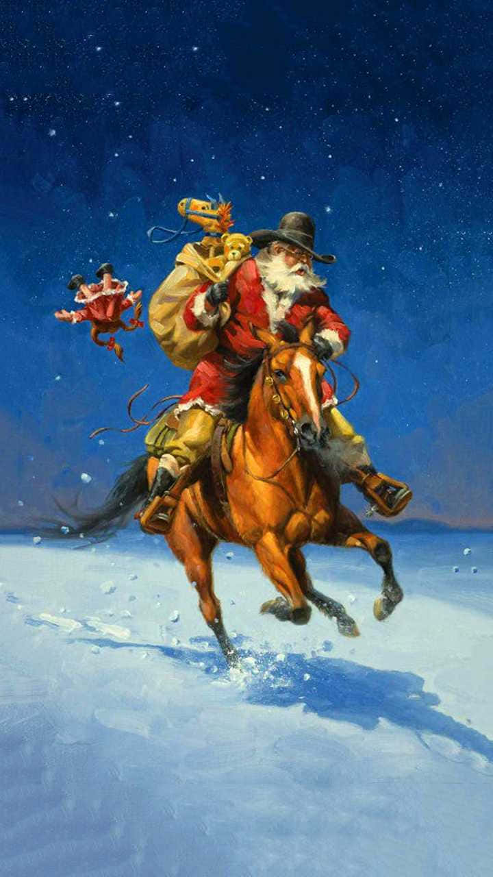 以牛仔精神慶祝聖誕節 壁紙 — 聖誕老人騎著奔騰的馬匹穿過雪地，在繁星點點的夜空下，背著一袋禮物。