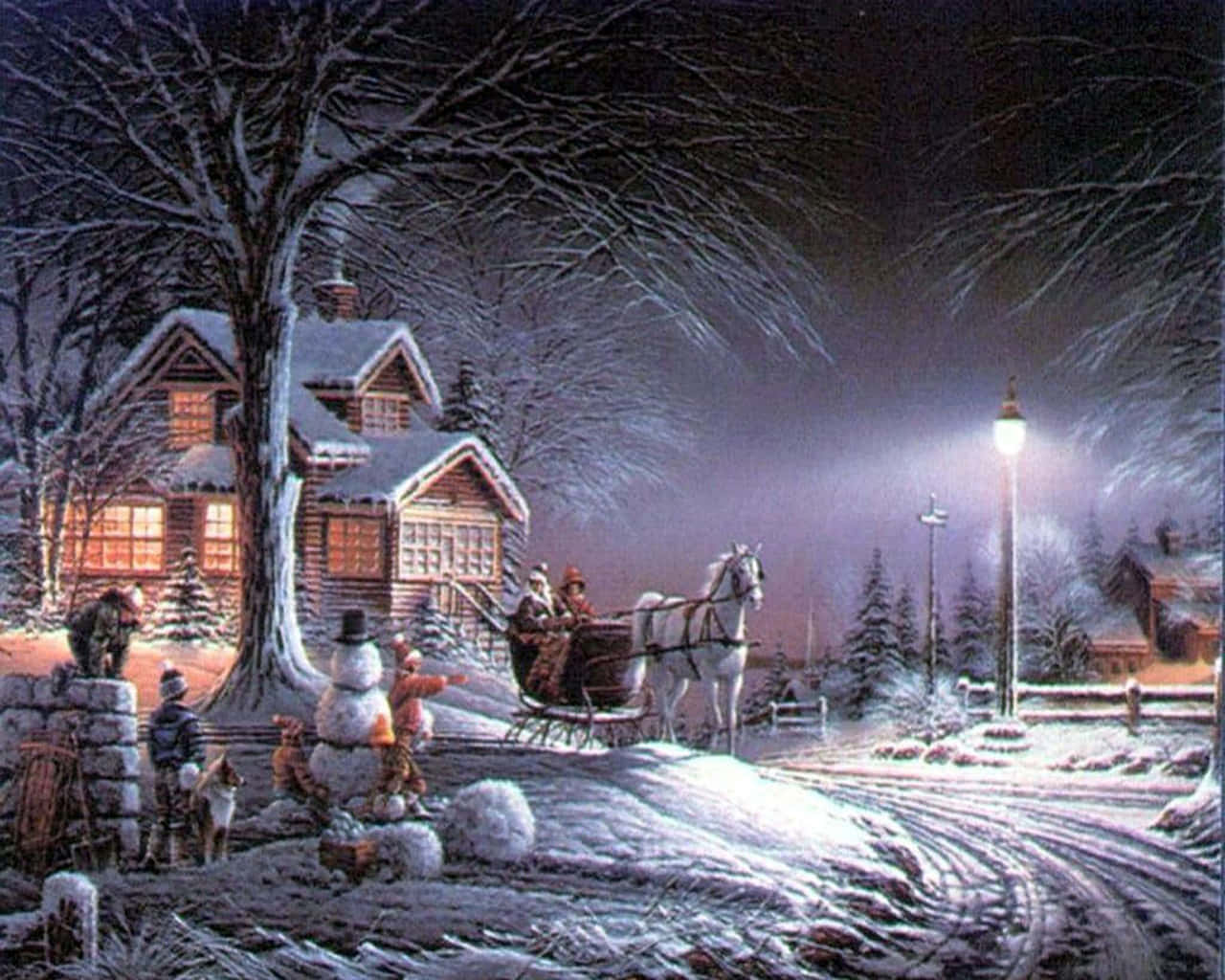 孩子們在雪人附近玩耍，同時一輛馬拉雪橇在夜間經過一間積雪的小屋。