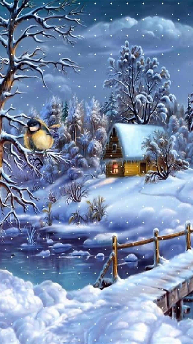 積雪的小屋，冬夜森林中窗戶透出溫暖燈光。