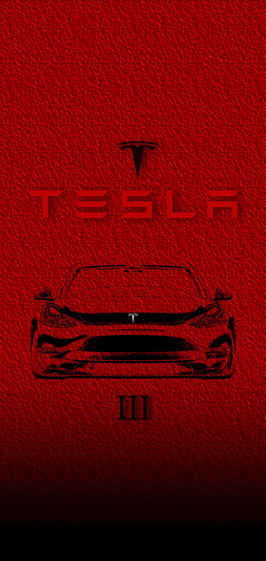 在紅色紋理背景上，帶有標誌和羅馬數字 III 的 Tesla 汽車剪影。