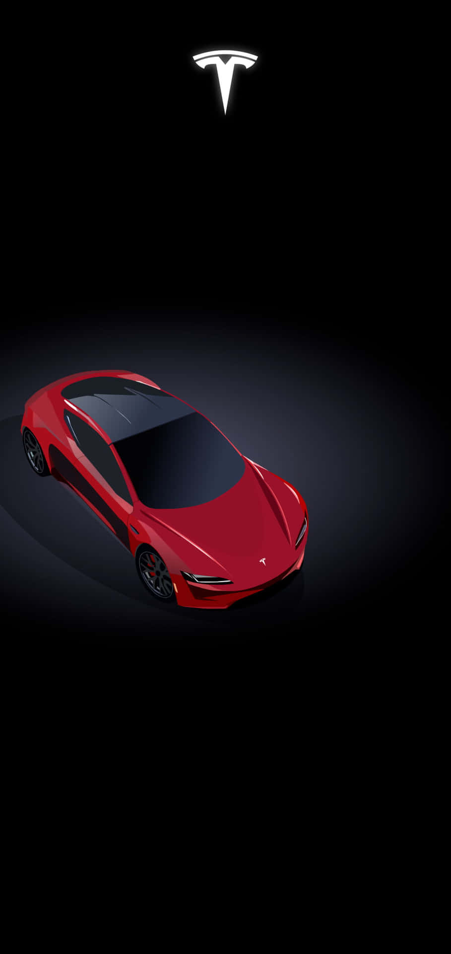 紅色Tesla汽車在黑暗的攝影棚中照亮，上方有發光標誌