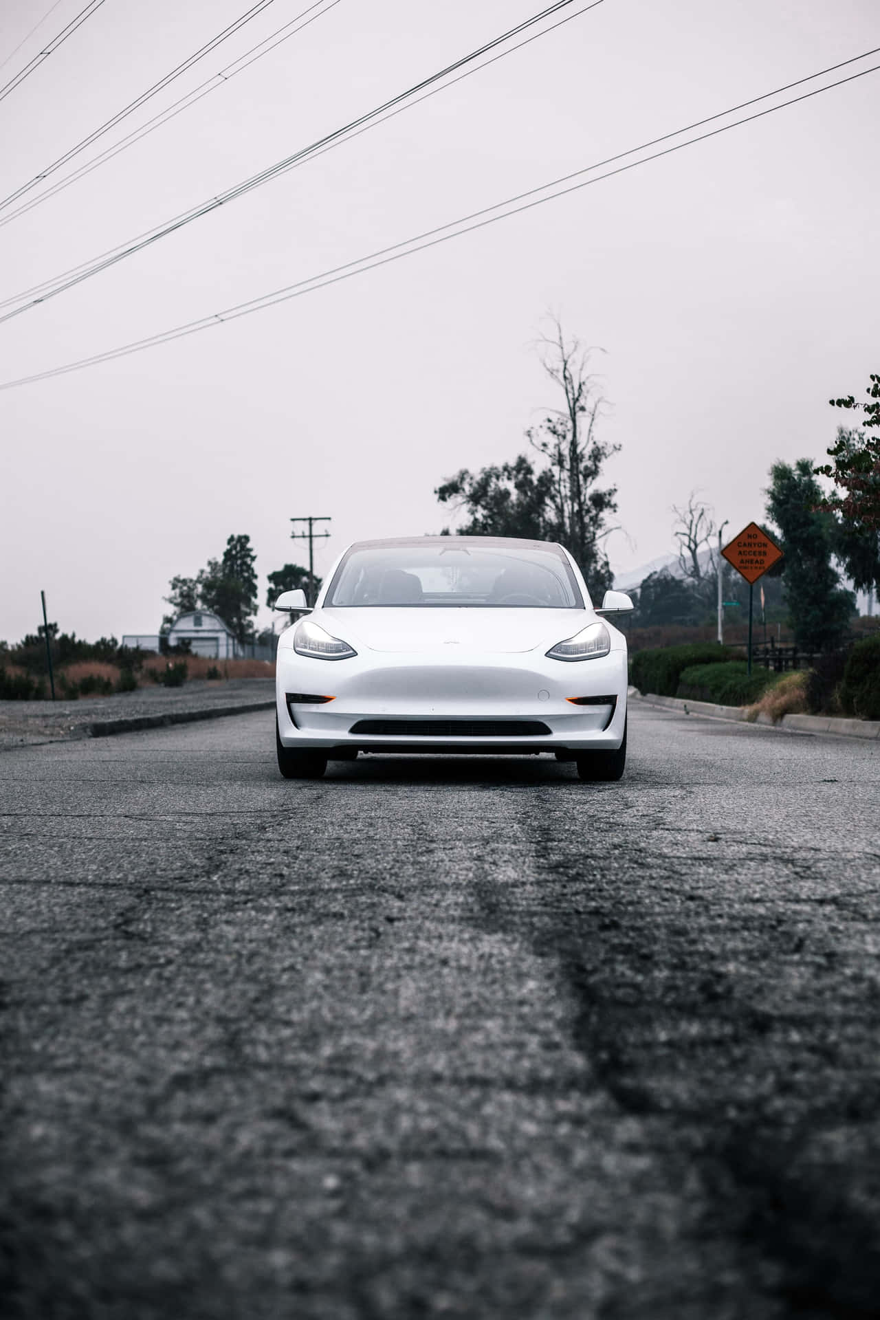 灰色天空下潮濕道路上的白色電動車，帶有電線。