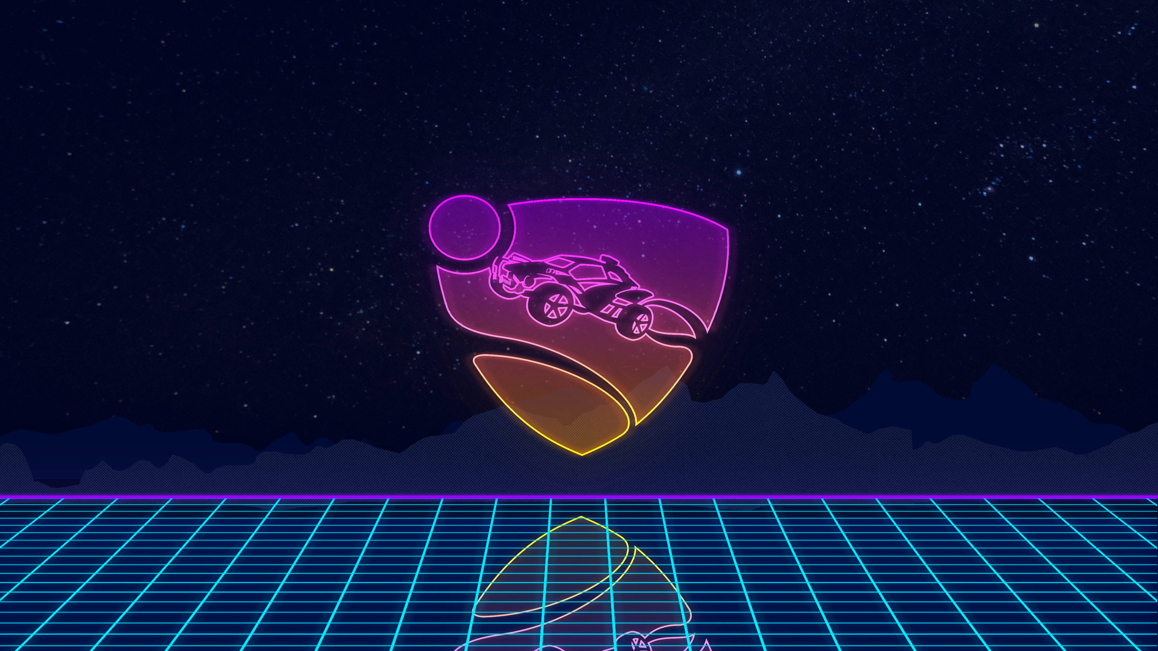 以狂野車球滿足你的渴望——Rocket League！ 壁紙 — 一輛霓虹粉紅火箭車在星空下閃爍的網格上滑行，呈現復古未來主義場景。