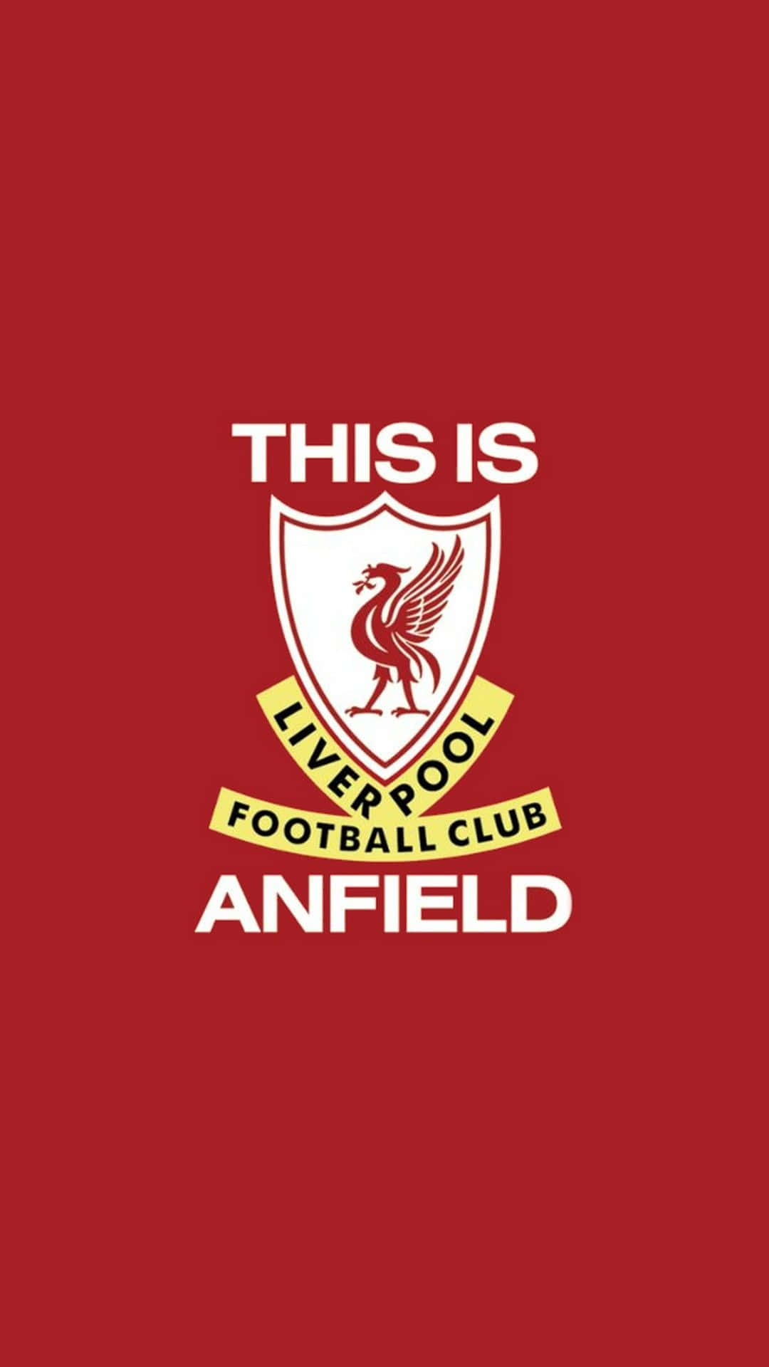 利物浦足球會會徽，附有「This Is Anfield」文字，背景為紅色。