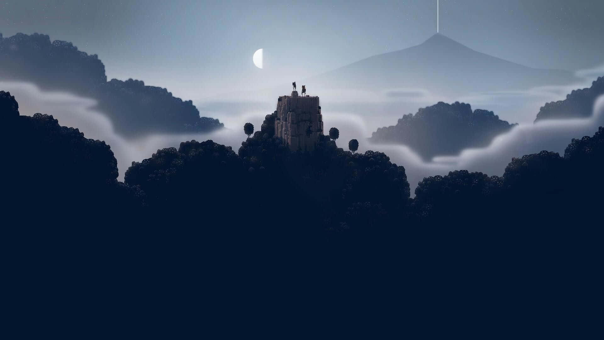 新月下雲霧繚繞的山峰上的一座城堡，頂部有兩個人影。