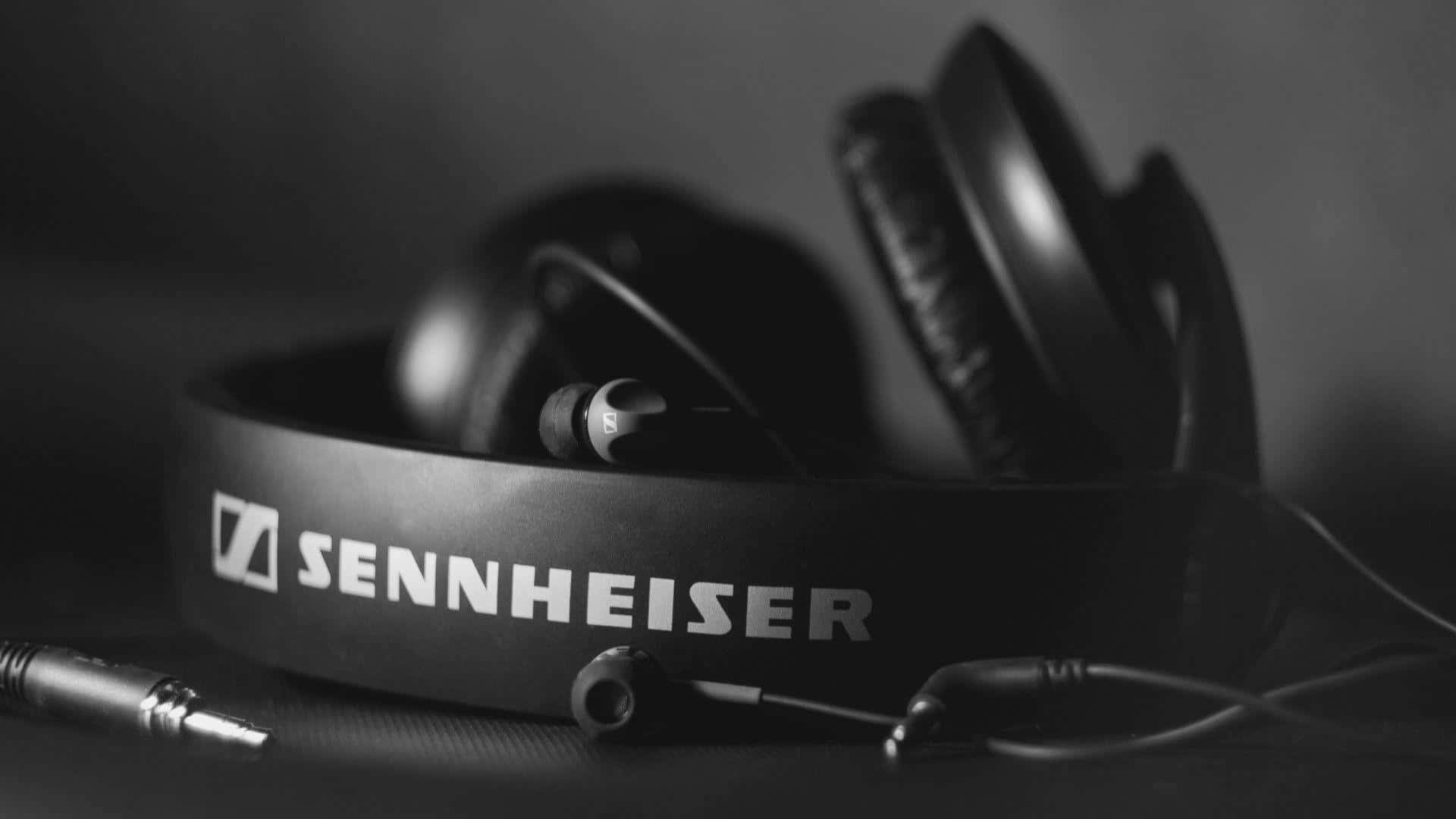黑白紋理表面上的 Sennheiser 耳機及耳塞。