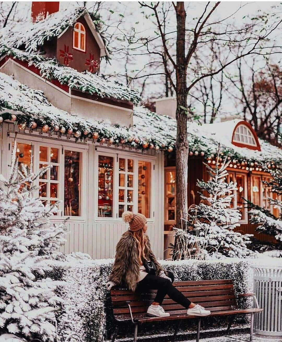 穿著毛皮大衣的人坐在長椅上，身處雪景冬日場景，小屋亮著燈。