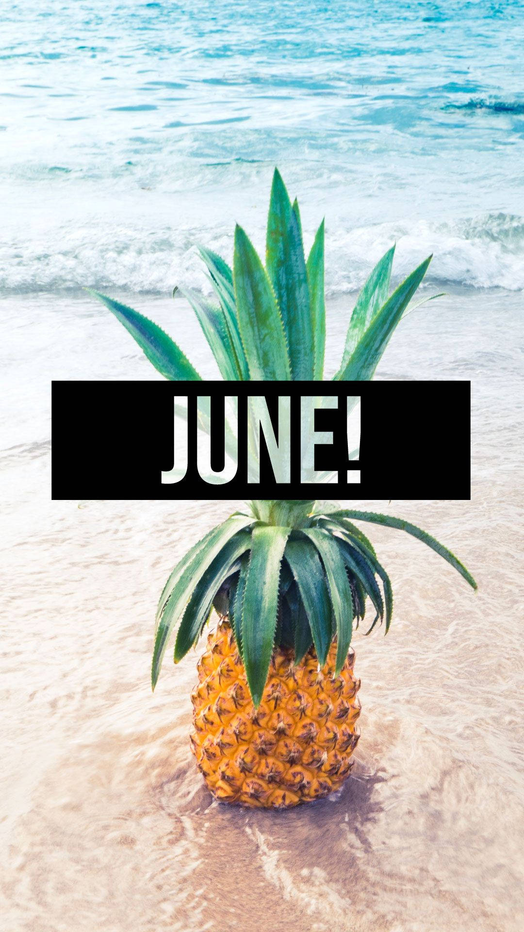 海中的菠蘿與沙灘上的「JUNE!」文字疊加。