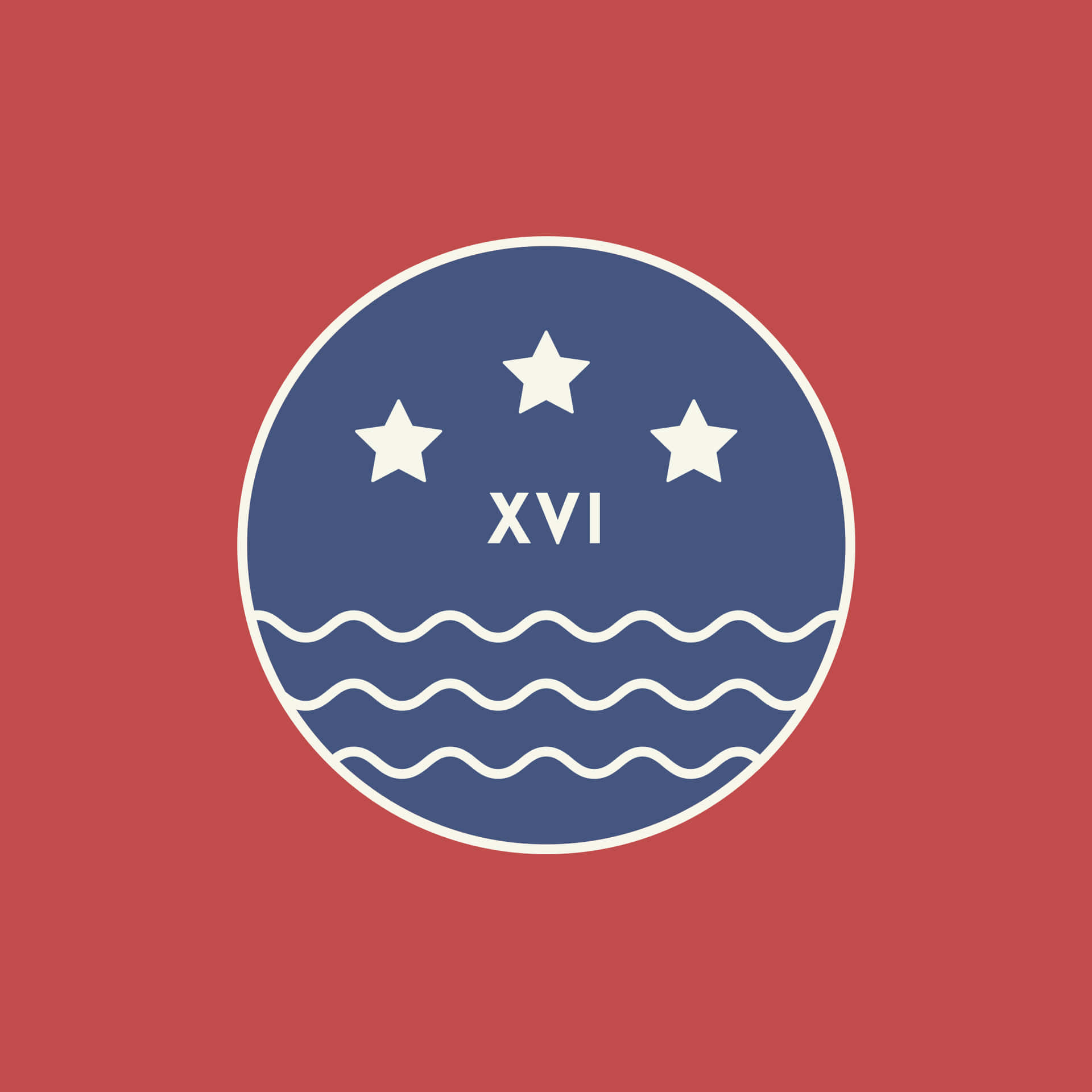 圓形徽章，帶有星星和波浪，羅馬數字 XVI 在紅色背景上