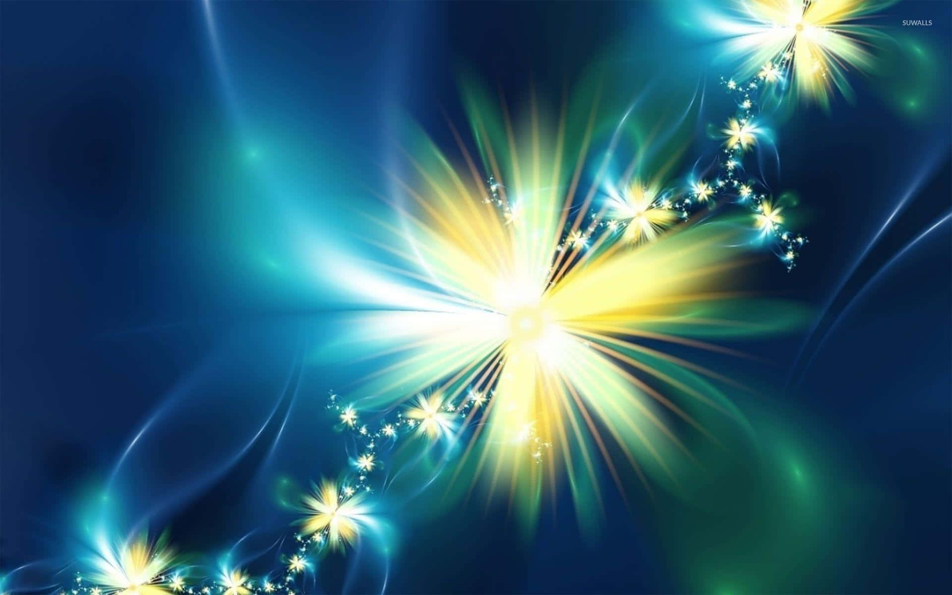 以發光背景點亮你的世界 壁紙 — 充滿活力的分形花朵在深藍色宇宙背景下綻放出金色光芒。