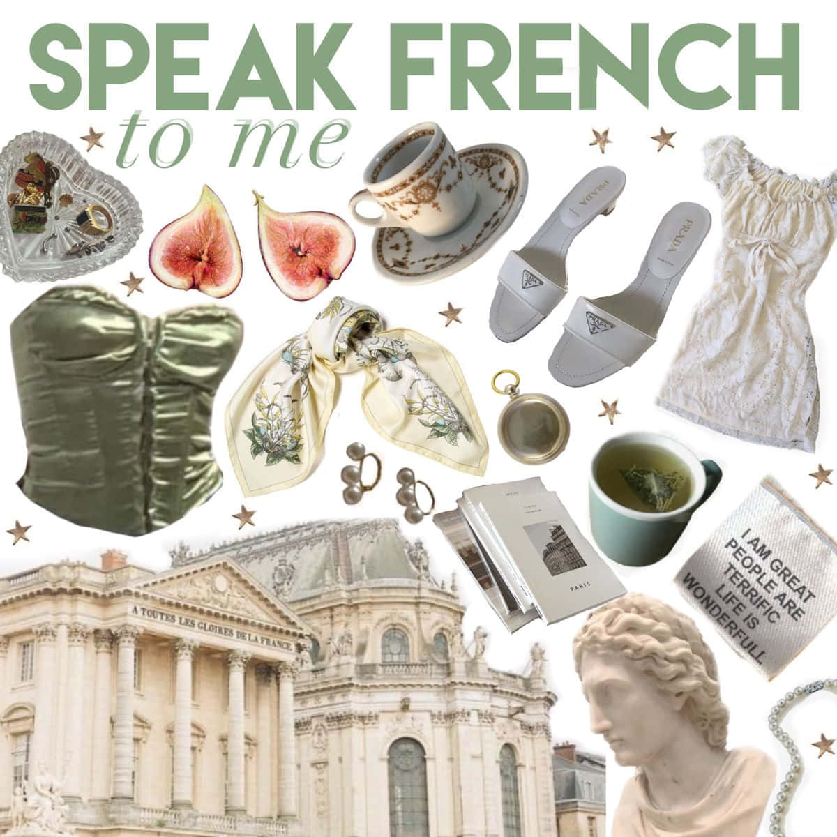 french 桌布 壁紙 — 以白色背景為襯托，融合無花果、茶、巴黎建築及奢華配飾的時尚法式主題拼貼。