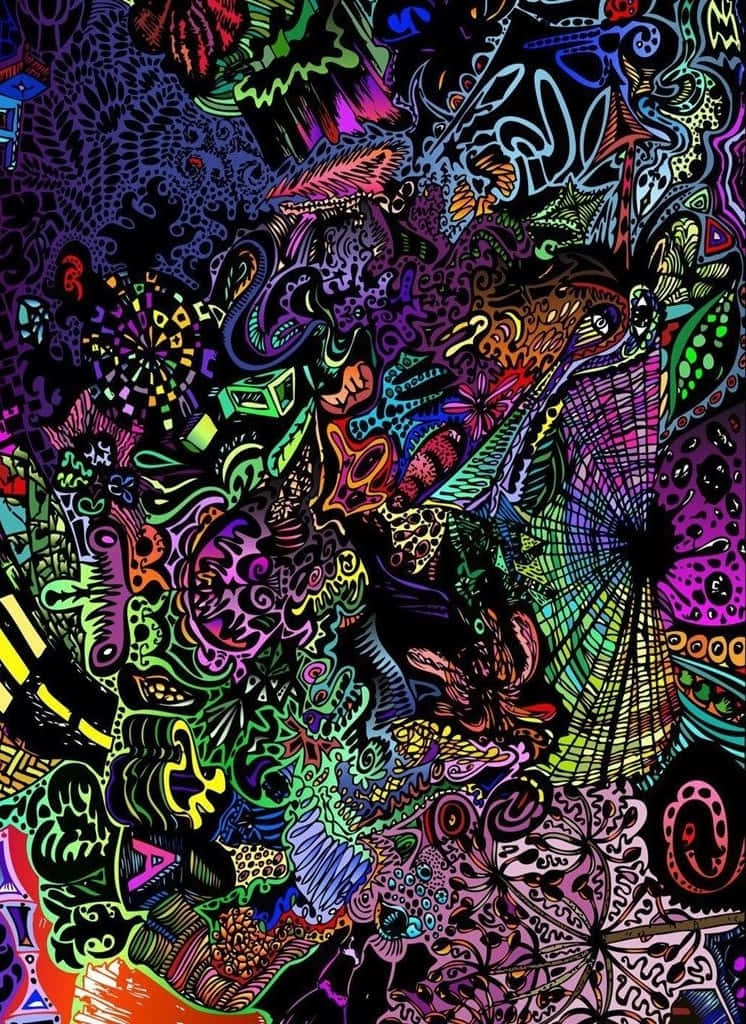 一幅混亂的迷幻藝術作品，在黑色背景上充滿了霓虹色的塗鴉。
