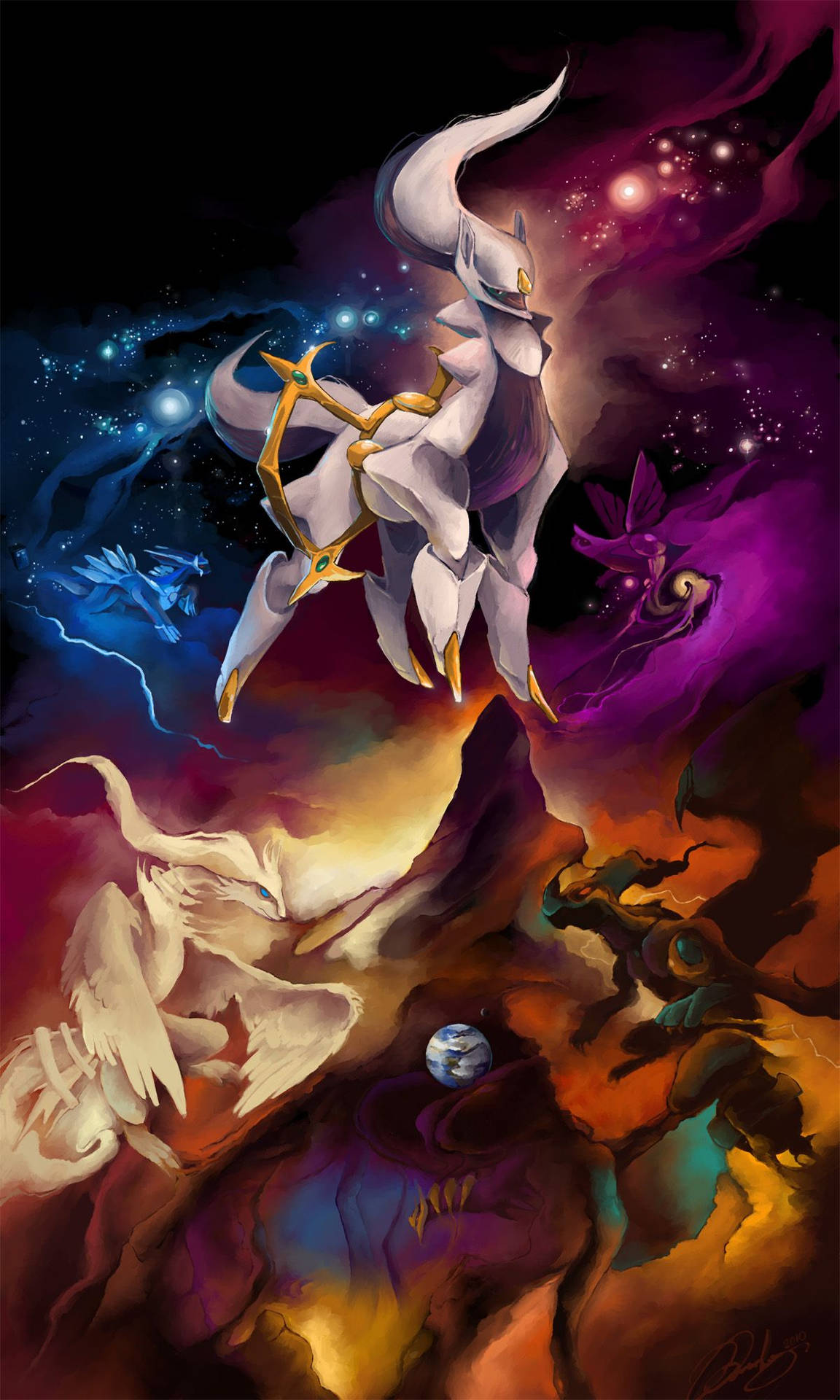 一條白龍在色彩繽紛的宇宙風暴中飛翔，下方有星星和一顆行星。