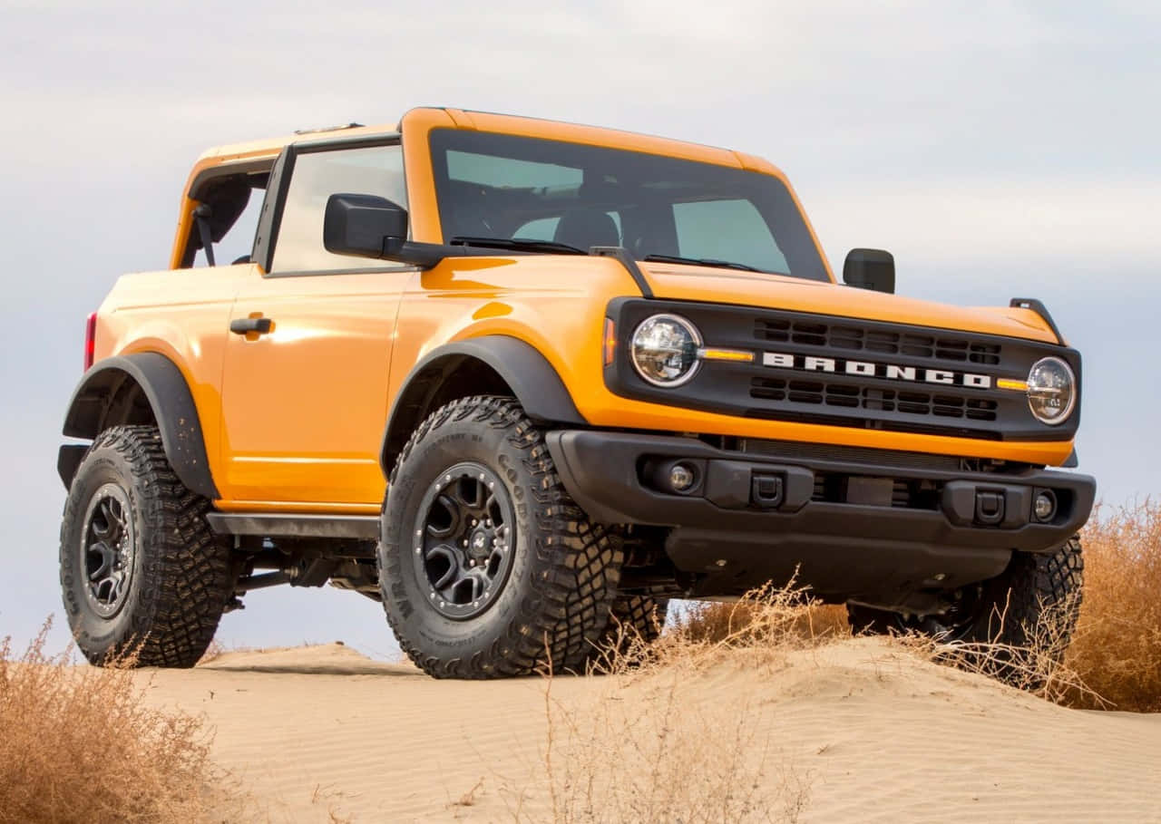 橙色福特Bronco SUV在沙丘的乾草中。