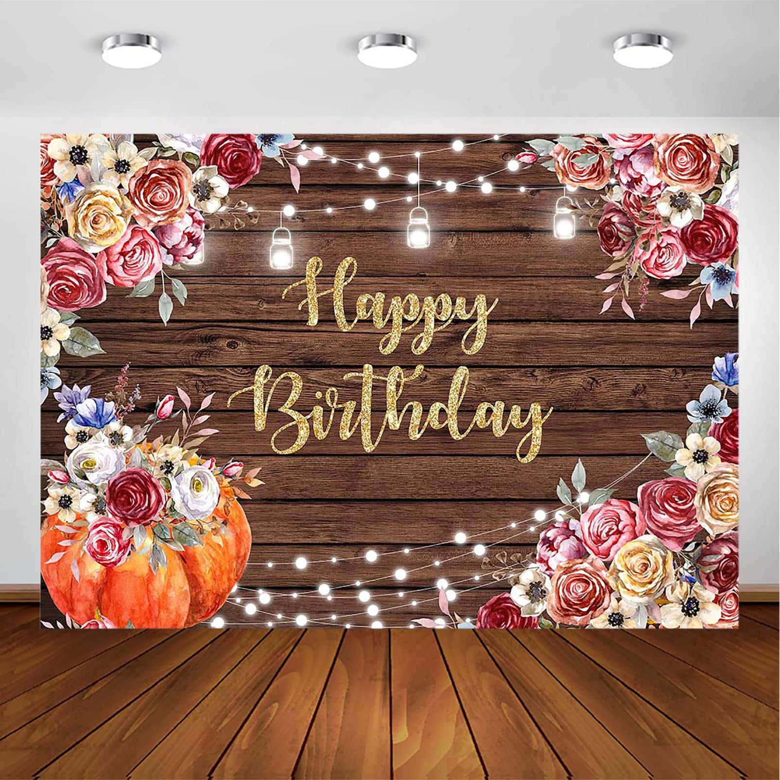 生日背景，配有花朵、燈串和木牆上的南瓜。