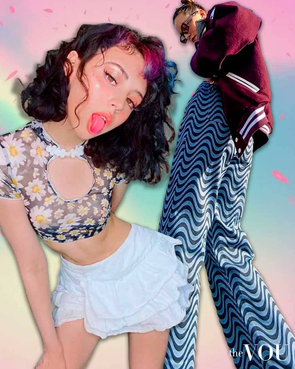 兩位穿著時尚的年輕女性在帶有漂浮花瓣的粉彩背景前擺出俏皮表情。