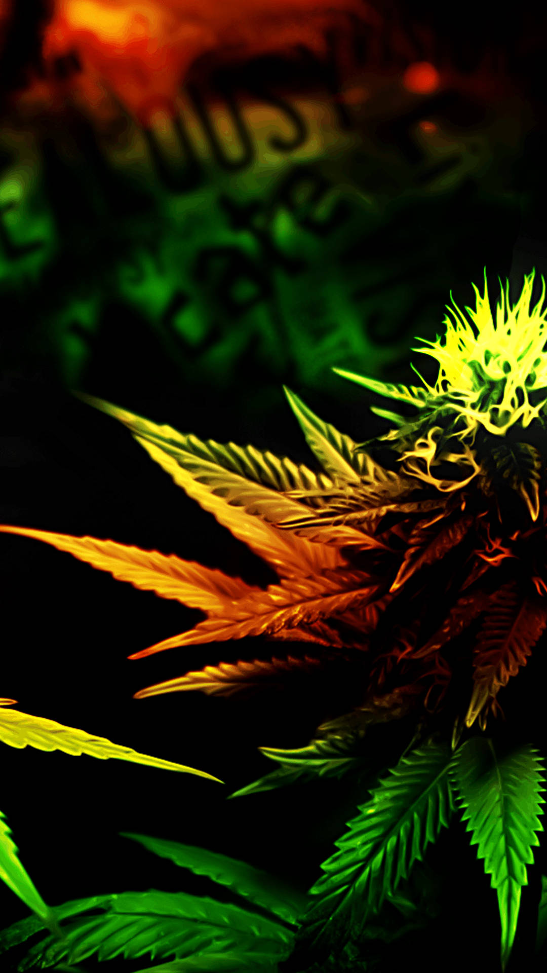 在黑暗背景上，帶有螢光綠和橙色葉子的發光大麻植物。