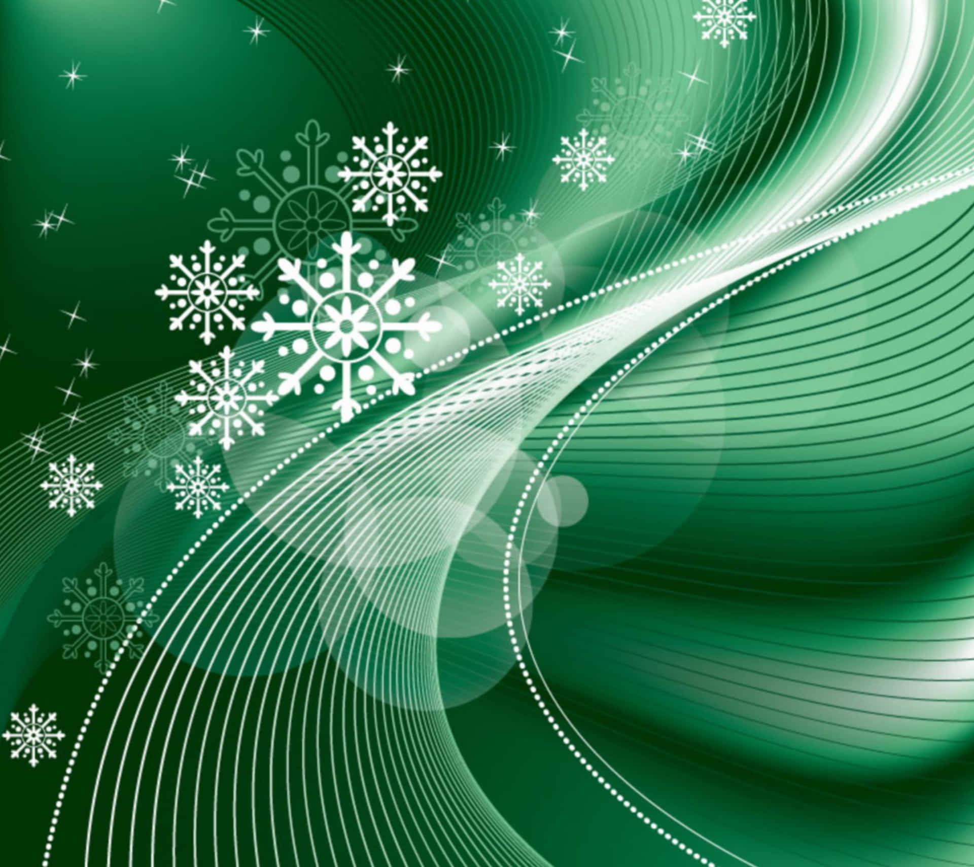 節日綠色和白色抽象假日設計，帶有雪花和旋轉線條。