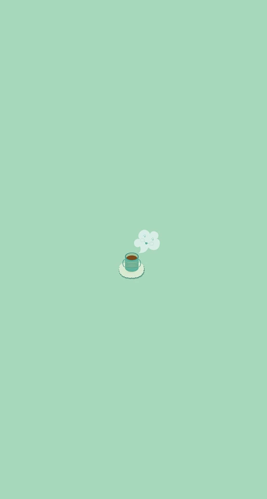 一個小茶杯，在柔和的綠色背景下升起蒸氣。