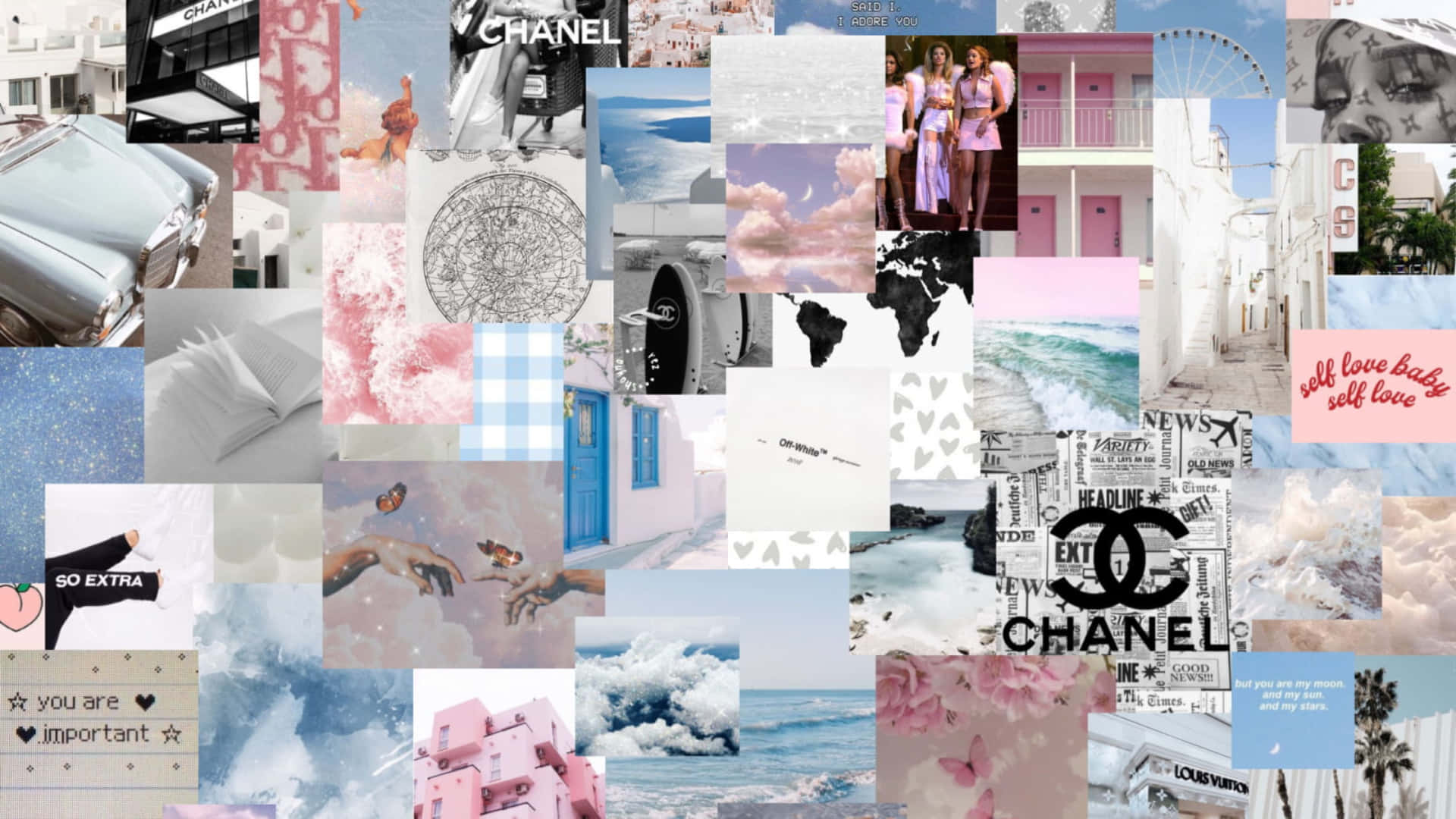 色彩繽紛的拼貼畫，包含 Chanel 標誌、海灘場景和時尚元素，以柔和色調呈現。