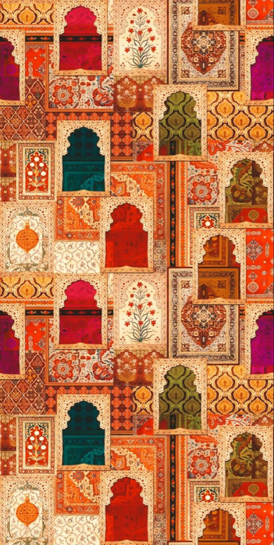 Textile Art 桌布 壁紙 — 以米色背景襯托，由豐富的紅色、金色和藍綠色組成的華麗伊斯蘭風格圖案和拱門拼布。