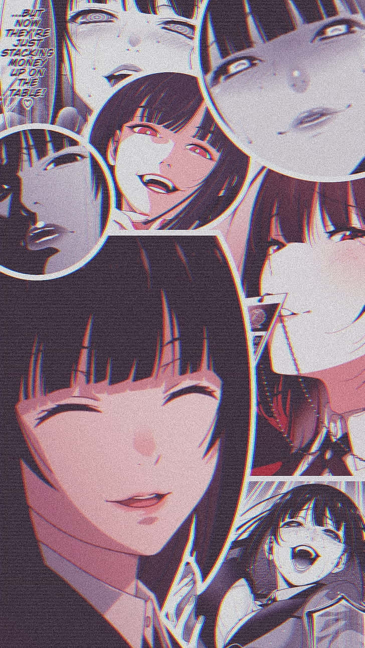  壁紙 — 以粉紅和紫色調的漫畫面板風格，拼貼出表情強烈的動漫角色。