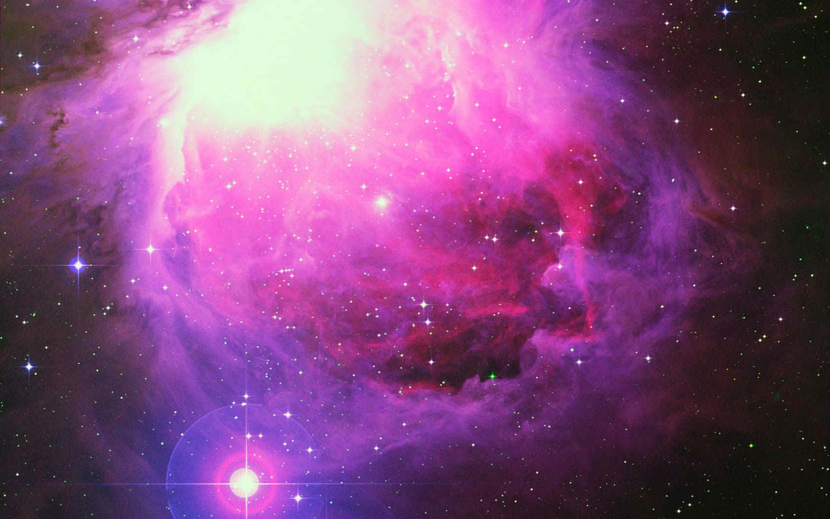 以粉紅空間靈感啟發你的想像力 壁紙 — 一個充滿活力的宇宙星雲，散發著粉紅色、紫色和白色的光芒，周圍有無數閃爍的星星。