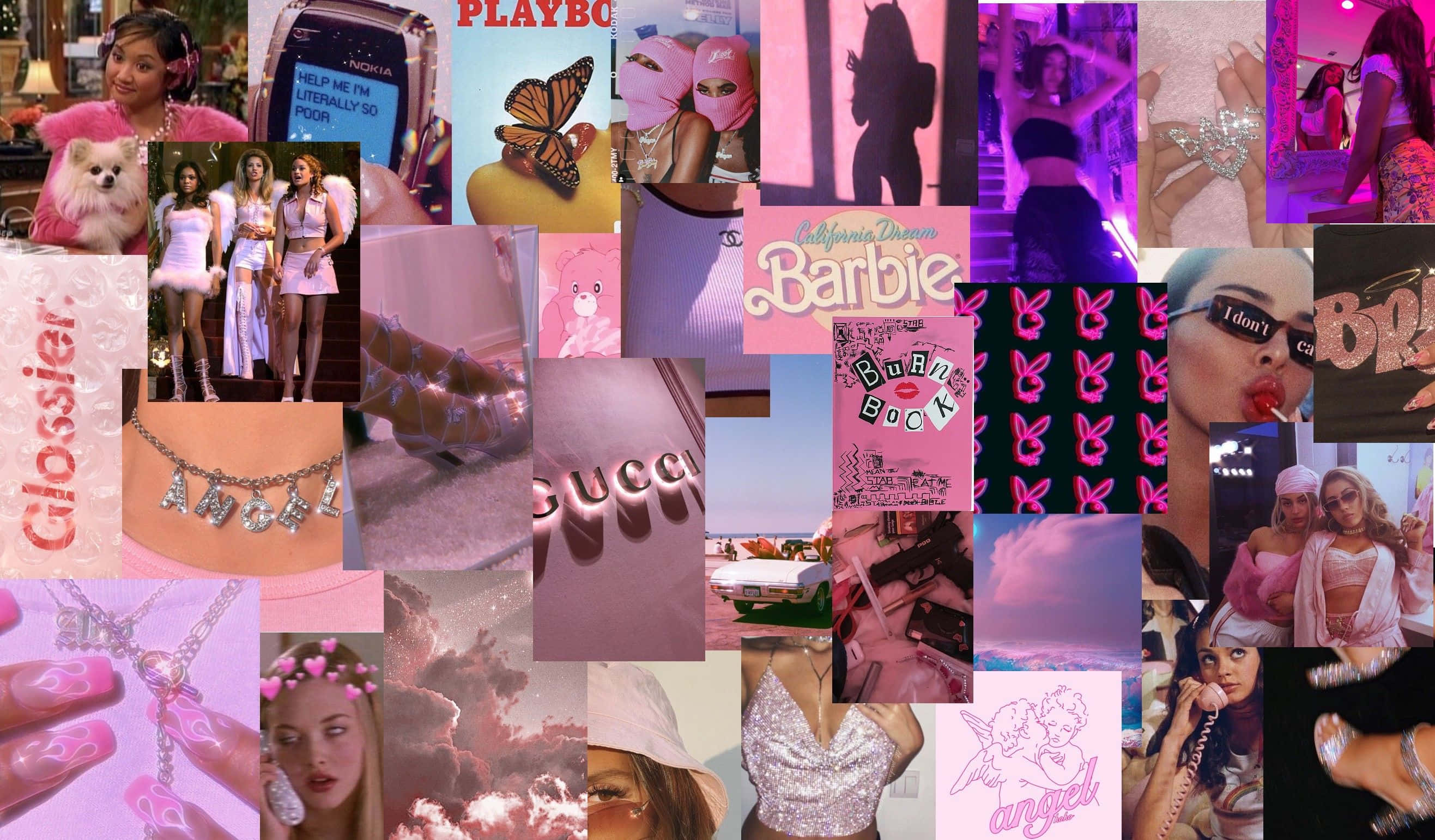 Baddie Vintage 90's Aesthetic 桌布 壁紙 — 以粉紅色為主題的充滿活力的拼貼畫， featuring 芭比娃娃、奢侈品牌和流行文化圖標，呈現出俏皮混亂的美學。