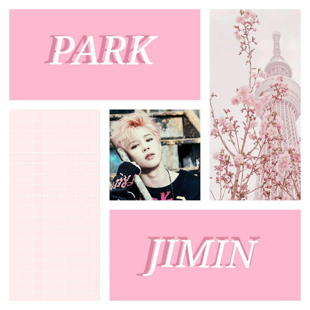 Jimin Aesthetic 桌布 壁紙 — 以粉紅色為主題的拼貼畫，包含 Jimin 的肖像、櫻花環繞的塔樓，以及寫有 PARK 和 JIMIN 的文字方塊。