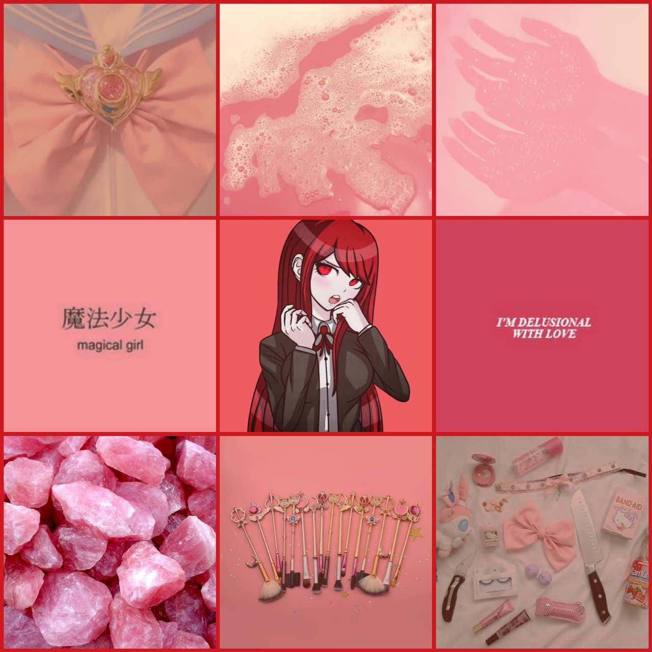 Pastel Red Aesthetic 桌布 壁紙 — 以粉紅色為主題的拼貼畫，包含魔法少女元素、水晶、魔杖和紅眼動漫風格角色。