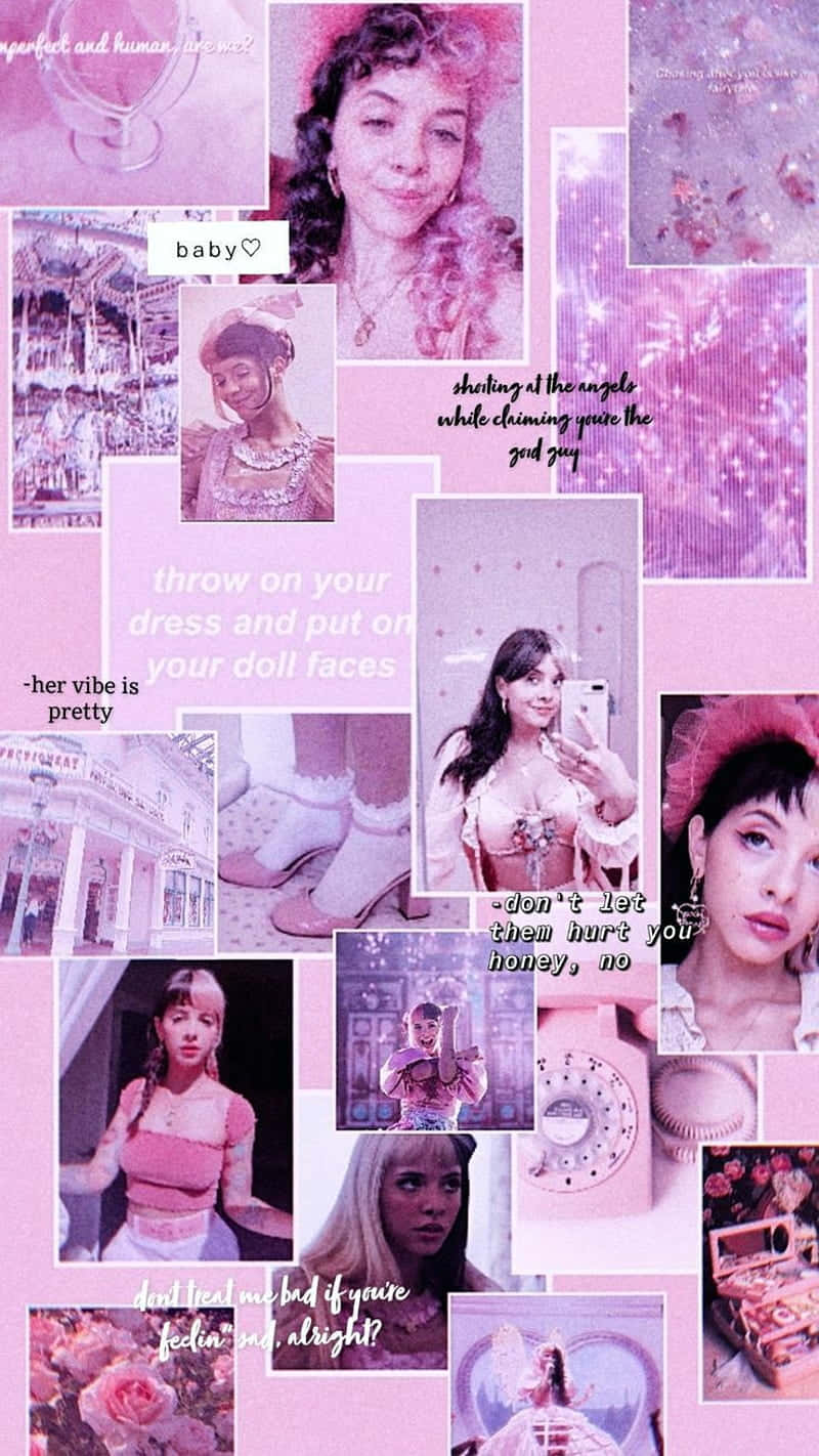 Melanie Martinez 桌布 壁紙 — 以粉紅色調打造的夢幻拼貼，包含自拍、語錄和復古物品，呈現年輕美學。