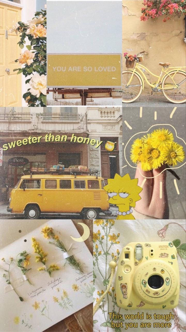 photo 桌布 壁紙 — 以粉黃色為主題的拼貼畫， featuring 一輛復古麵包車、花朵、一輛單車和一部相機，並附有鼓舞人心的語錄和花卉圖案。