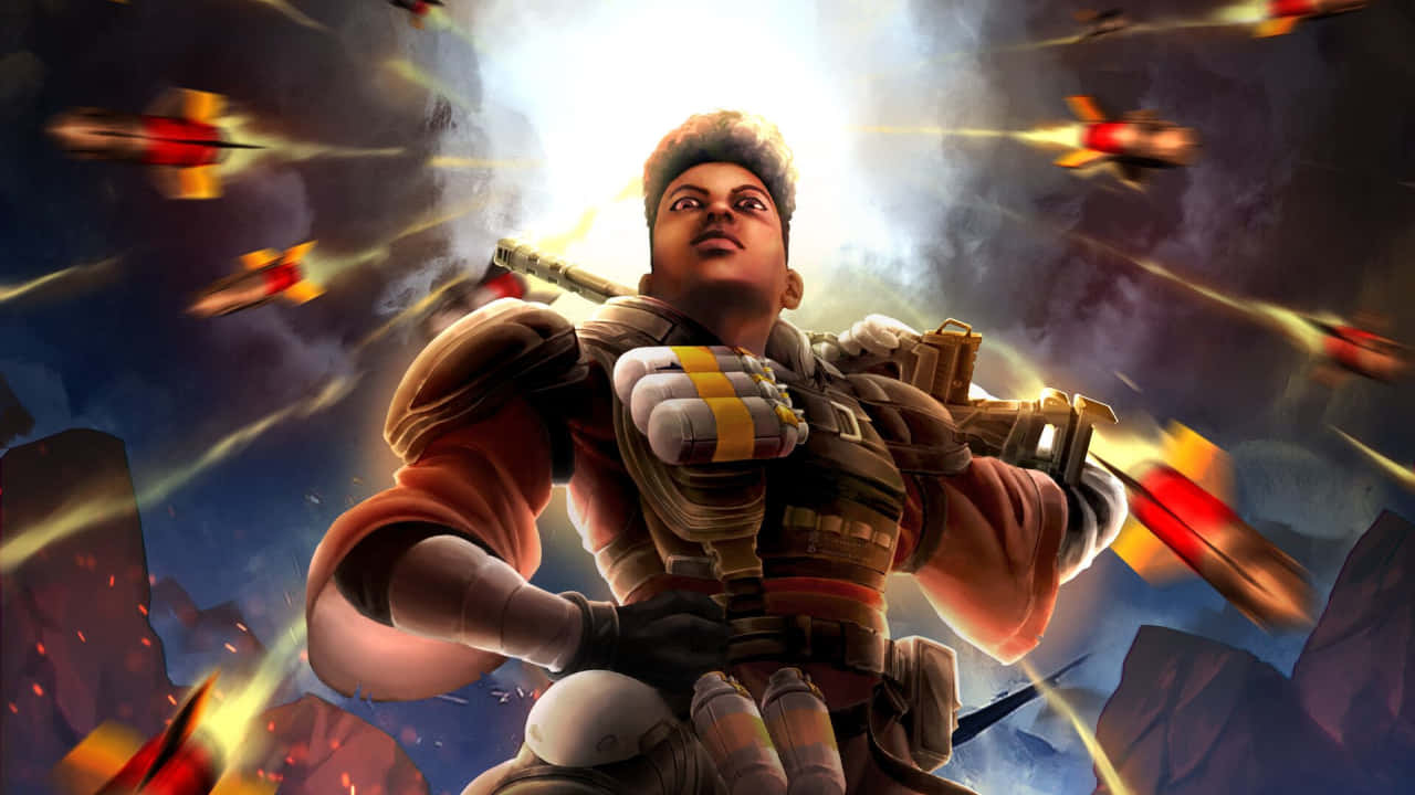 以精湛射擊技巧征服Apex傳奇遊戲 壁紙 — 一個堅定的士兵穿著未來裝甲，站在明亮的天空下，身處熾熱的爆炸和飛行的無人機之中。
