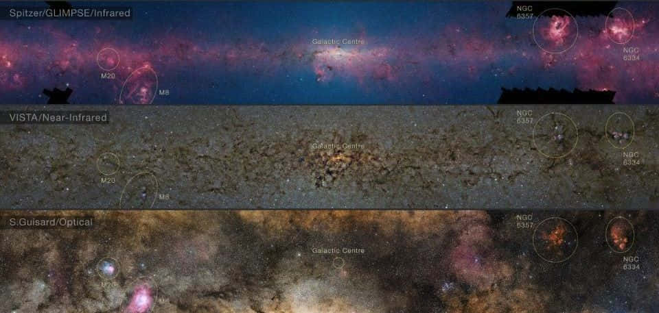 Galactic Center 桌布 壁紙 — 以紅外線、近紅外線和可見光波長顯示的銀河中心三聯畫，揭示了發光的星雲和星團。
