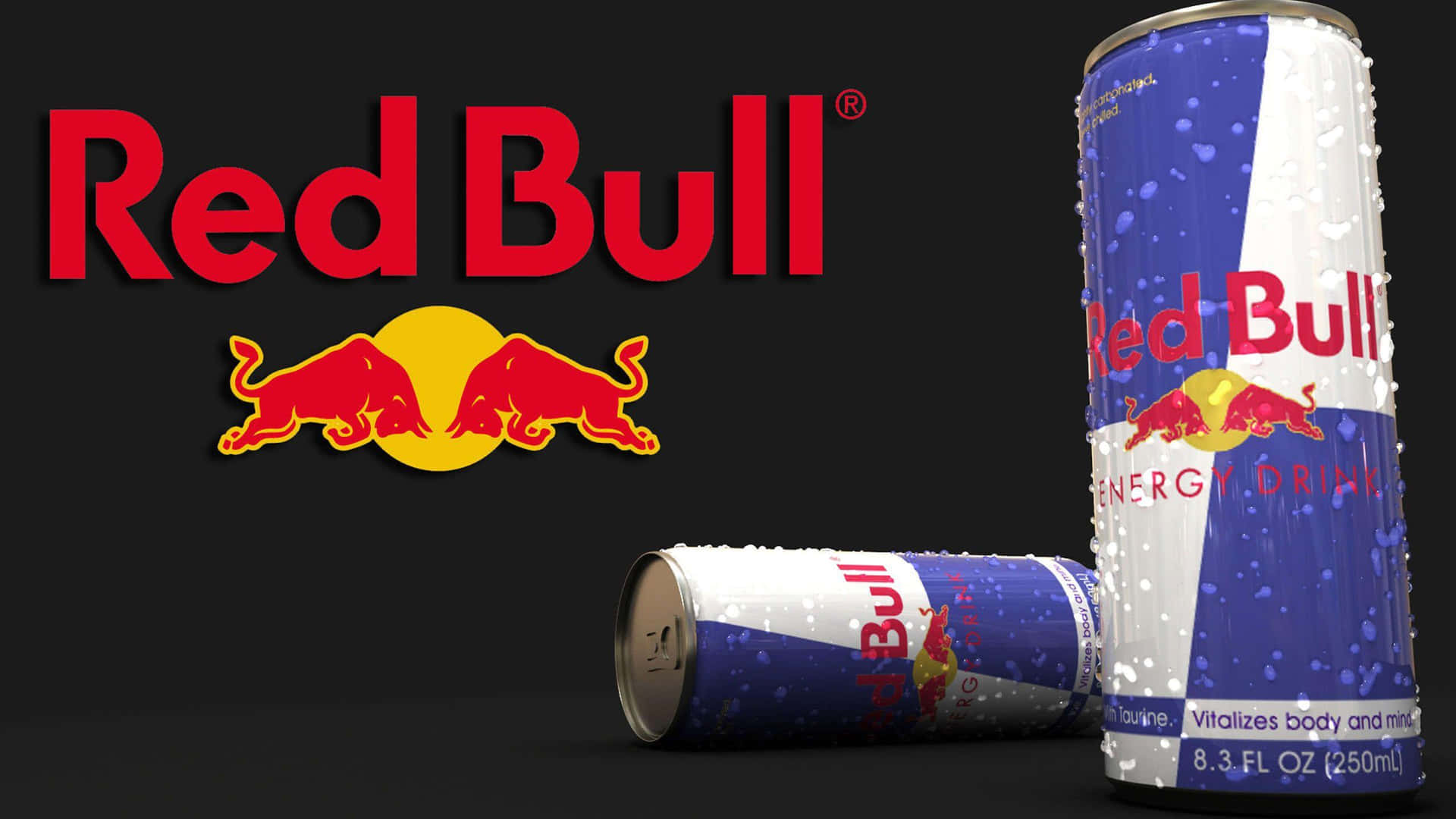 兩罐Red Bull能量飲品罐帶冷凝水，一罐直立一罐平躺，黑色背景上帶標誌。