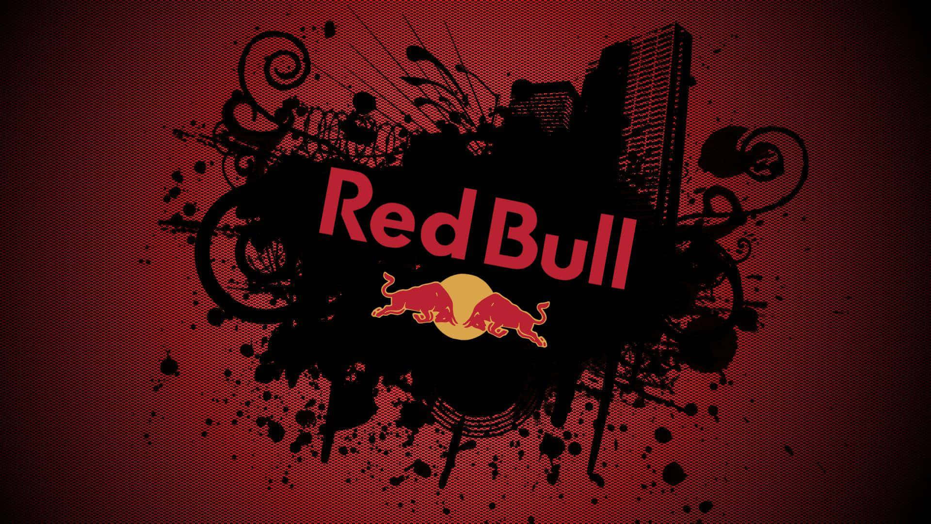 Red Bull 標誌，帶有衝鋒的公牛和城市天際線剪影，位於紋理紅色背景上，帶有黑色潑濺藝術。