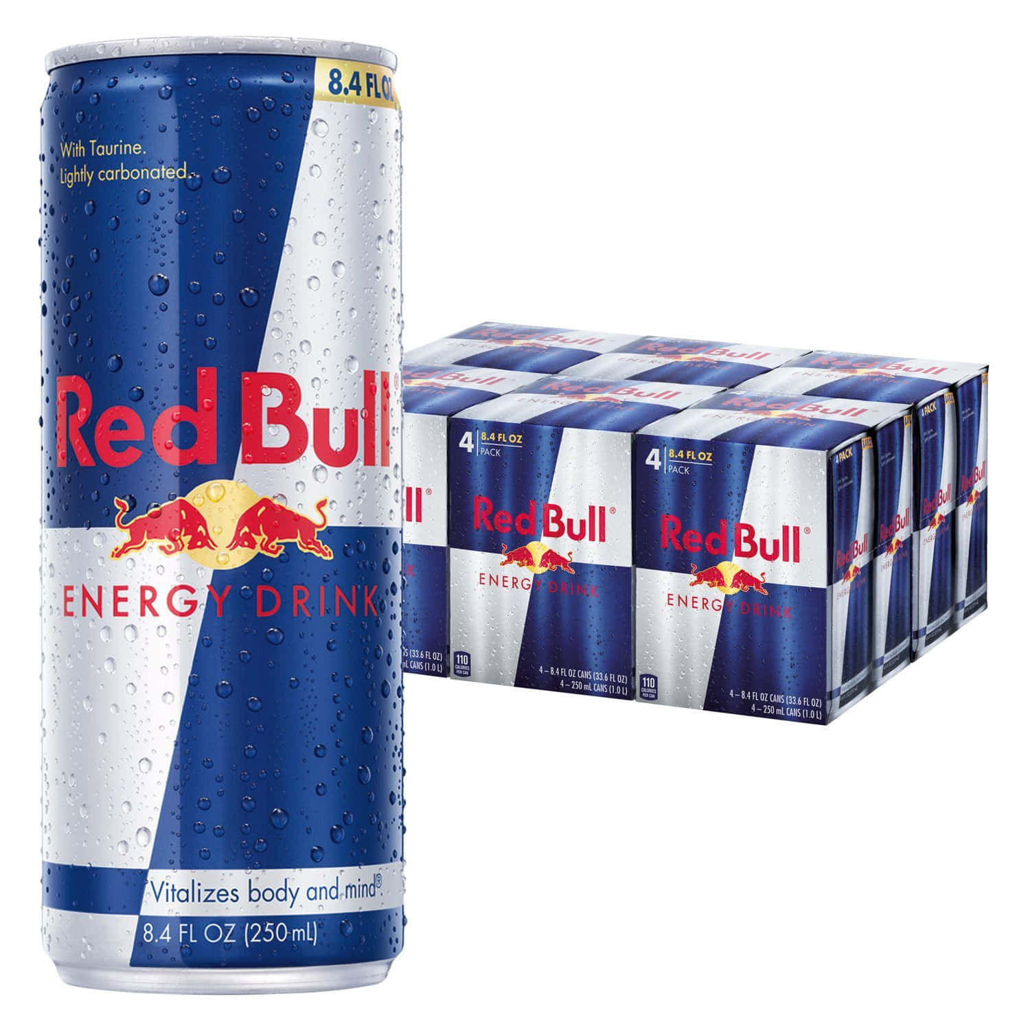 冰凍的Red Bull能量飲品罐，帶有冷凝水，旁邊放著四罐裝的盒子。