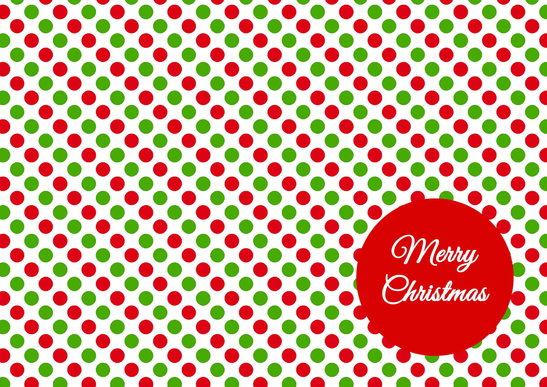 紅綠波點背景，帶有紅色圓形徽章，上面寫著Merry Christmas。