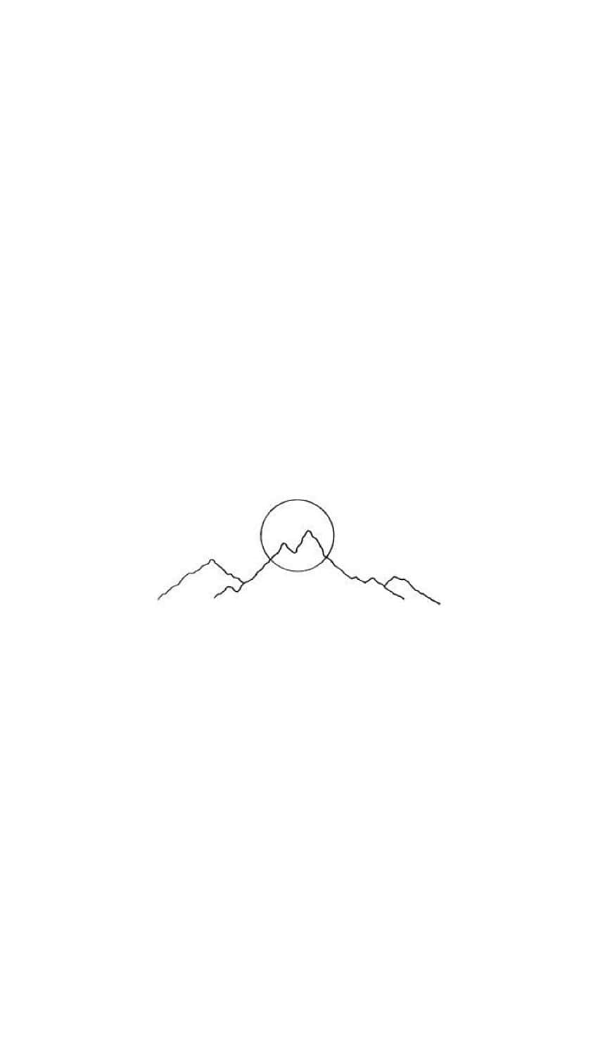 以純白 Tumblr 背景展現時尚品味 壁紙 — 簡約線條繪畫的山脈，太陽或月亮位於山峰之間，純白背景。