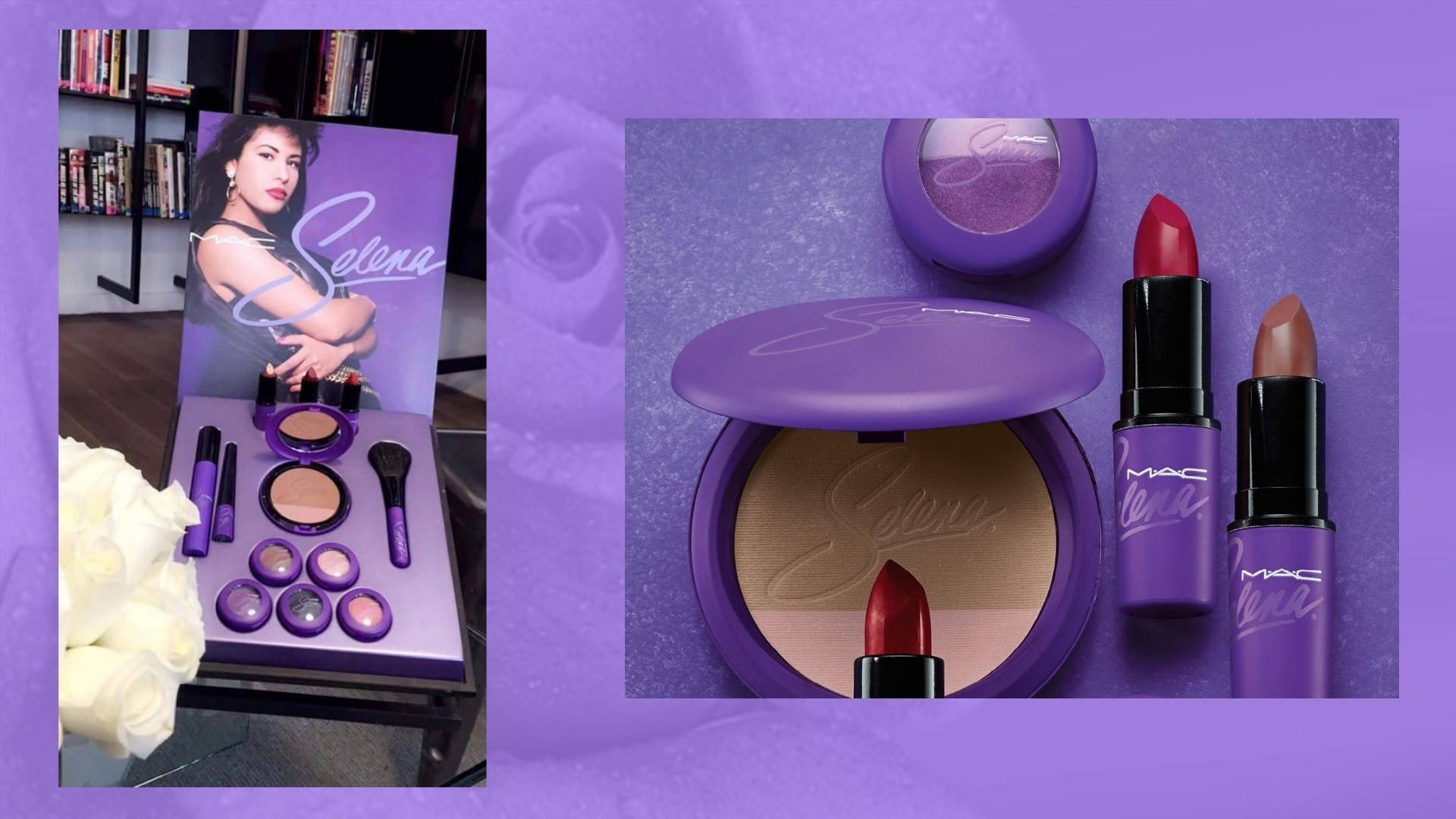 Mac Cosmetics x Selena Collection 壁紙 — 以紫色為主題的MAC化妝品系列， featuring Selena Gomez，展示有白玫瑰和肖像背景。