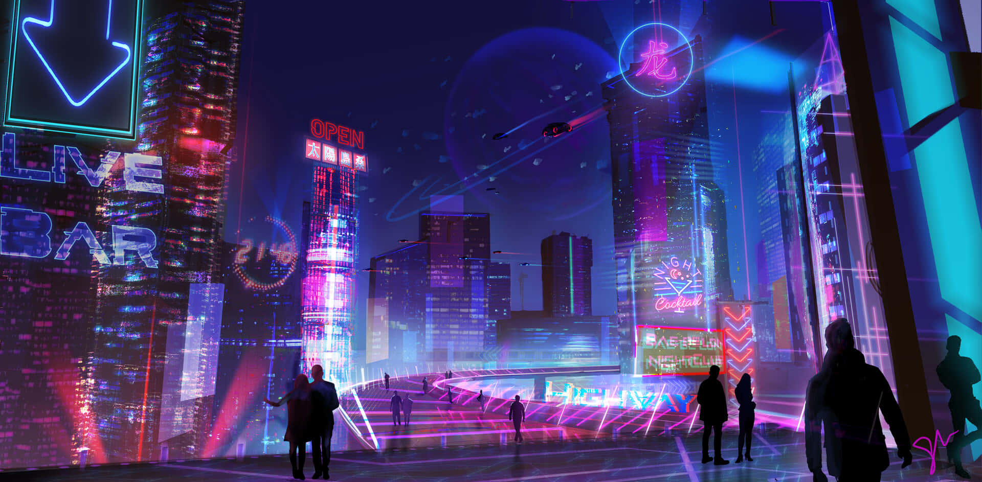 以紫色霓虹美學電腦開啟全新世界 壁紙 — 夜晚被霓虹燈淹沒的賽博龐克城市景觀，高聳的摩天大樓閃爍著鮮豔的數位招牌和飛行車輛。