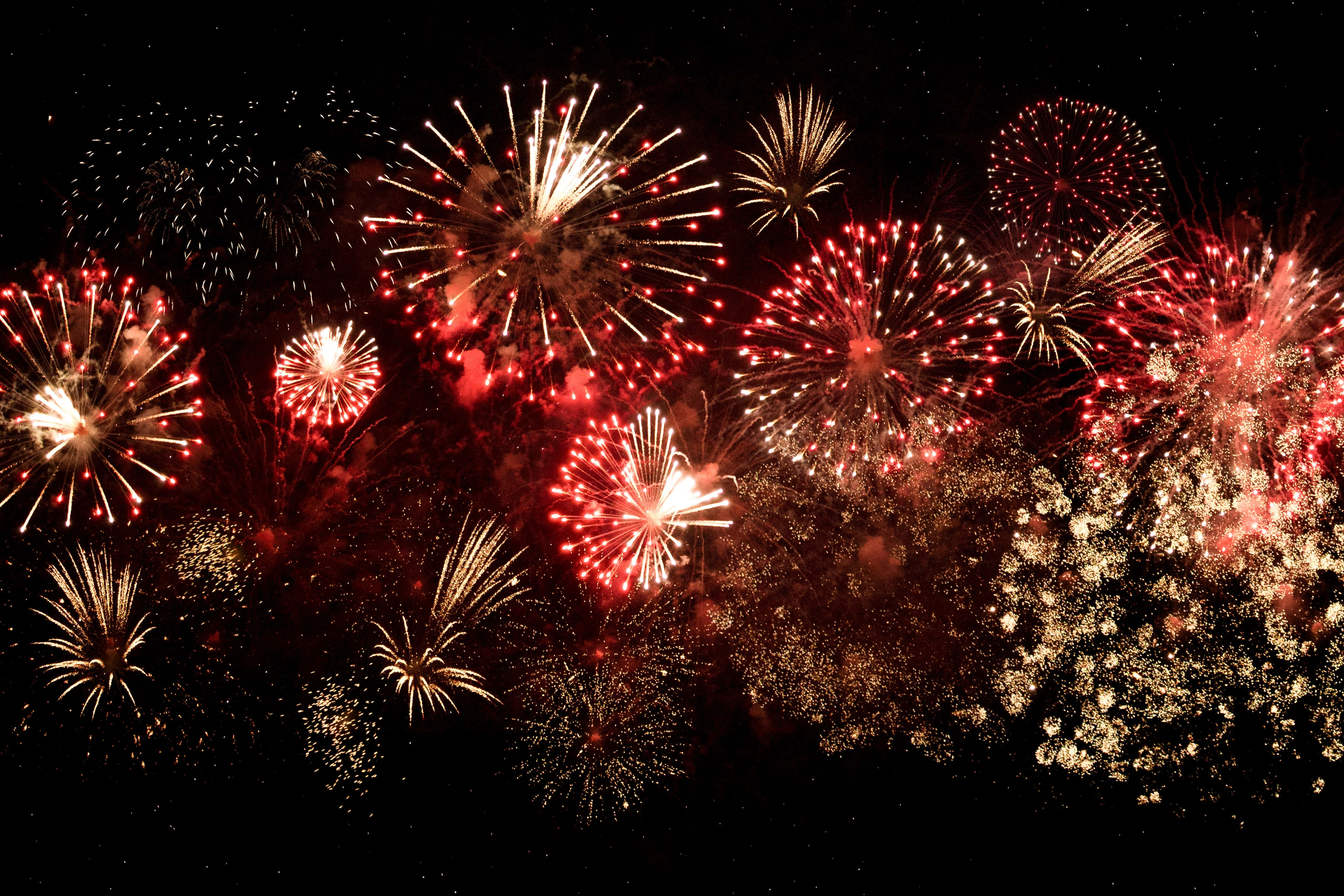以絢爛煙火慶祝夜空 壁紙 — 鮮豔的紅色和金色煙火在深邃的黑色夜空中綻放出耀眼的光芒。